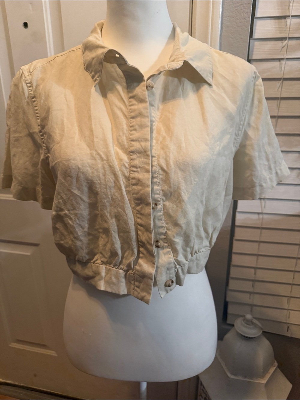 Onia | new natural-colored linen blend button-up collared crop top, sz lrg